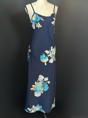 Navy Floral Slip Maxi Dress Blue fairy vacation y2k sundress spaghetti straps